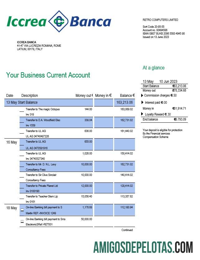 Baixável Iccrea Banca Enterprise modelo de extrato de conta Word e PDF